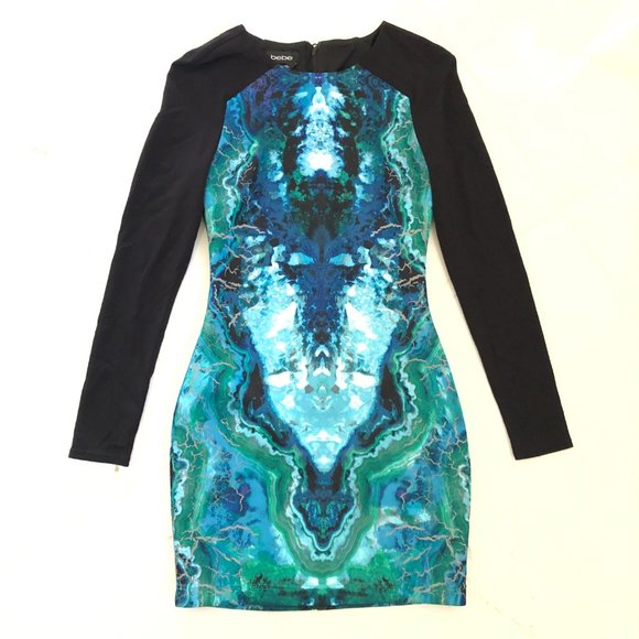 Bebe Women Blue Black Color block Long Sleeve Body cone Dress size XS Stretch AS - Picture 5 of 13